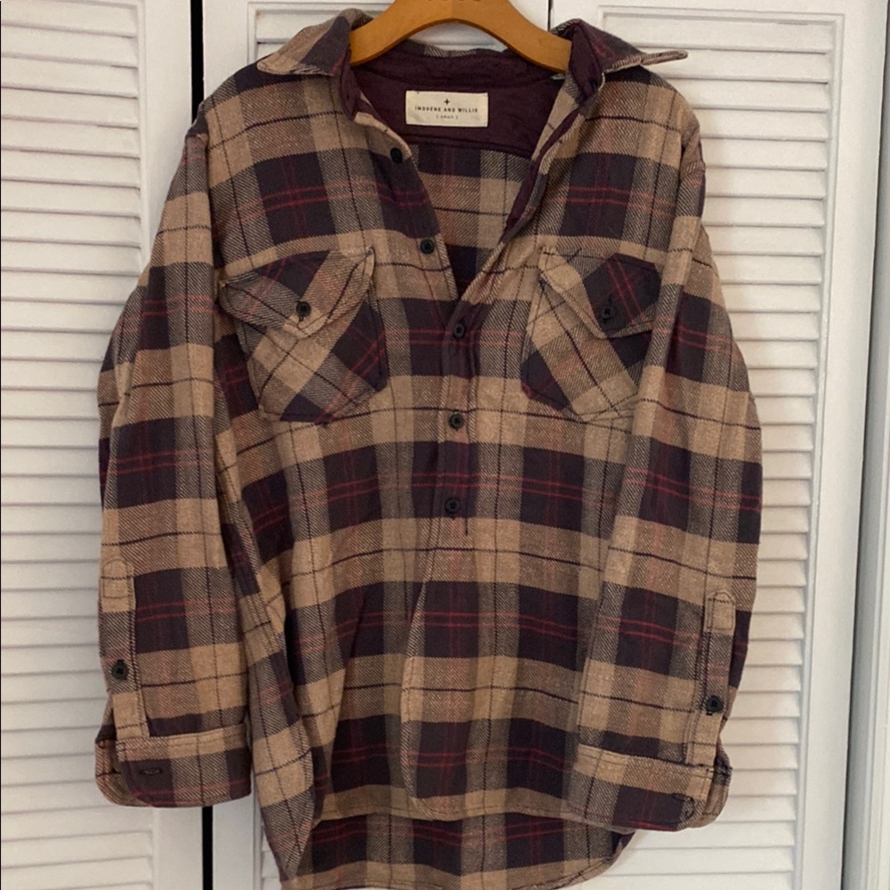 Imogene and Willie Small Plaid Button Down Shirt Beige Dark Purple and Rec